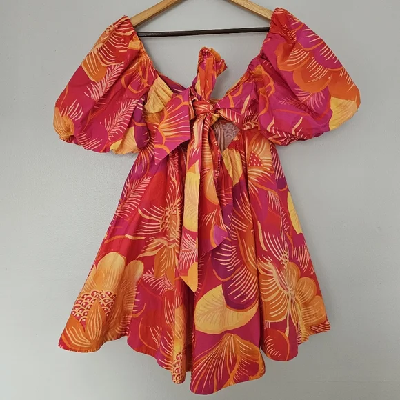FARM Rio summer garden ombre puff sleeve tie back mini dress floral orange pink - Picture 3 of 10